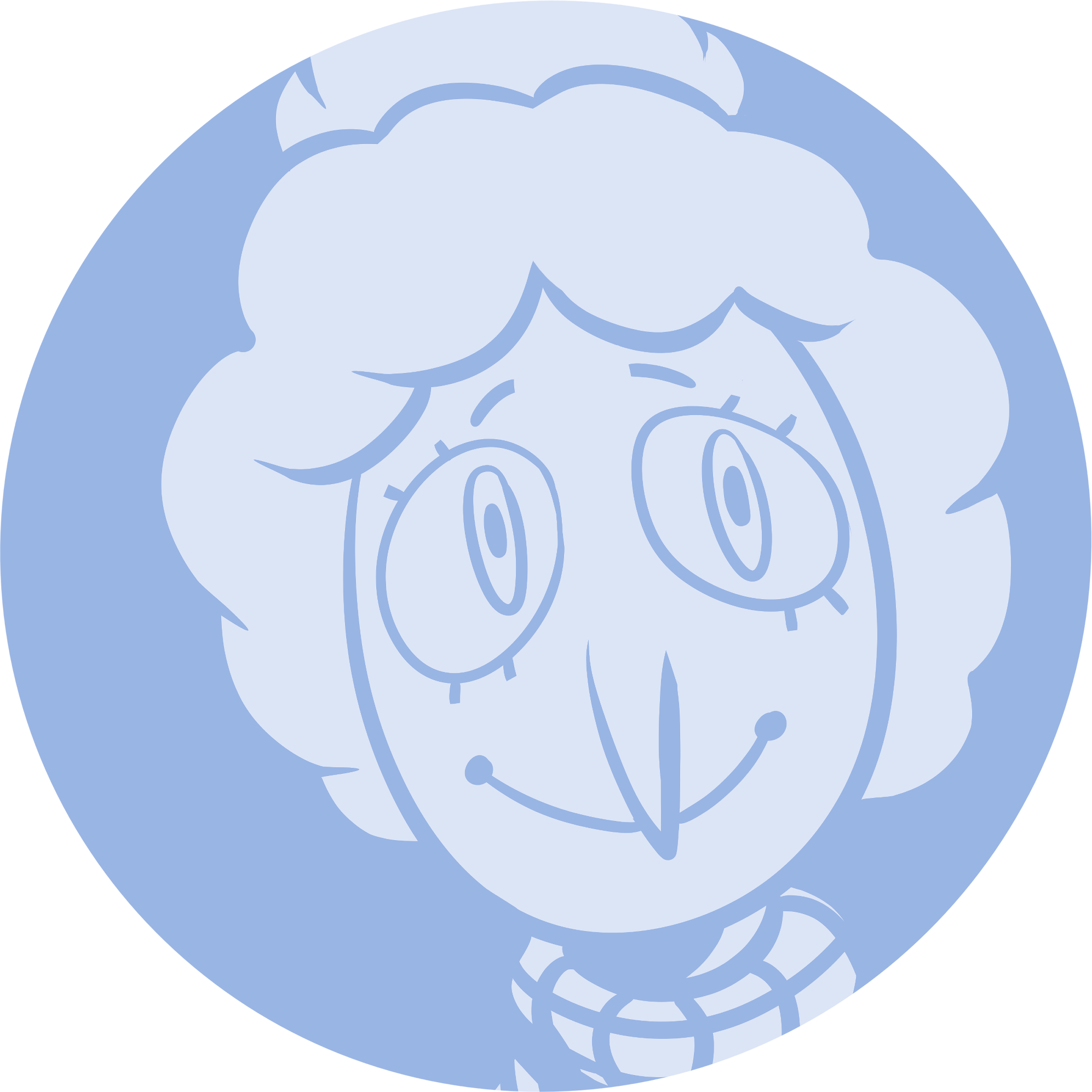 Image of Rory's mother. She looks like Mr. Blue, but has a curly bun on top. She has a sharp downturnt nose that crosses over her mouth, and larger oval blue eyes. Her turtleneck has purple gridded lines.