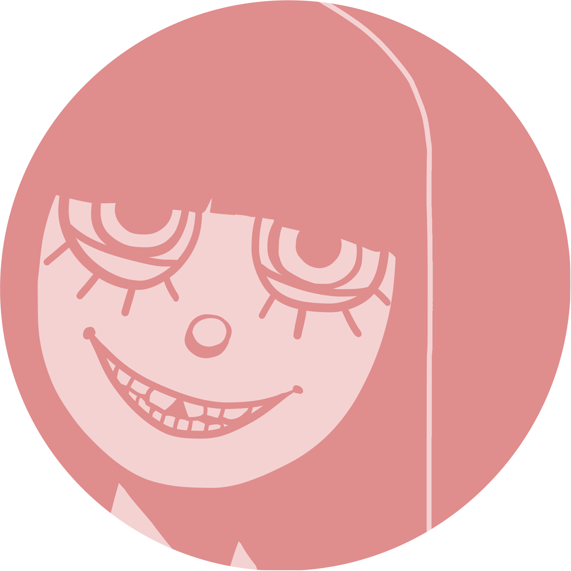 Image of Bianca. She has long hair with bangs covering half her red eyes. Her front teeth are crooked, making her tooth gap a triangle. She has a circular nose and lashes that go only on the bottom of her eyes.