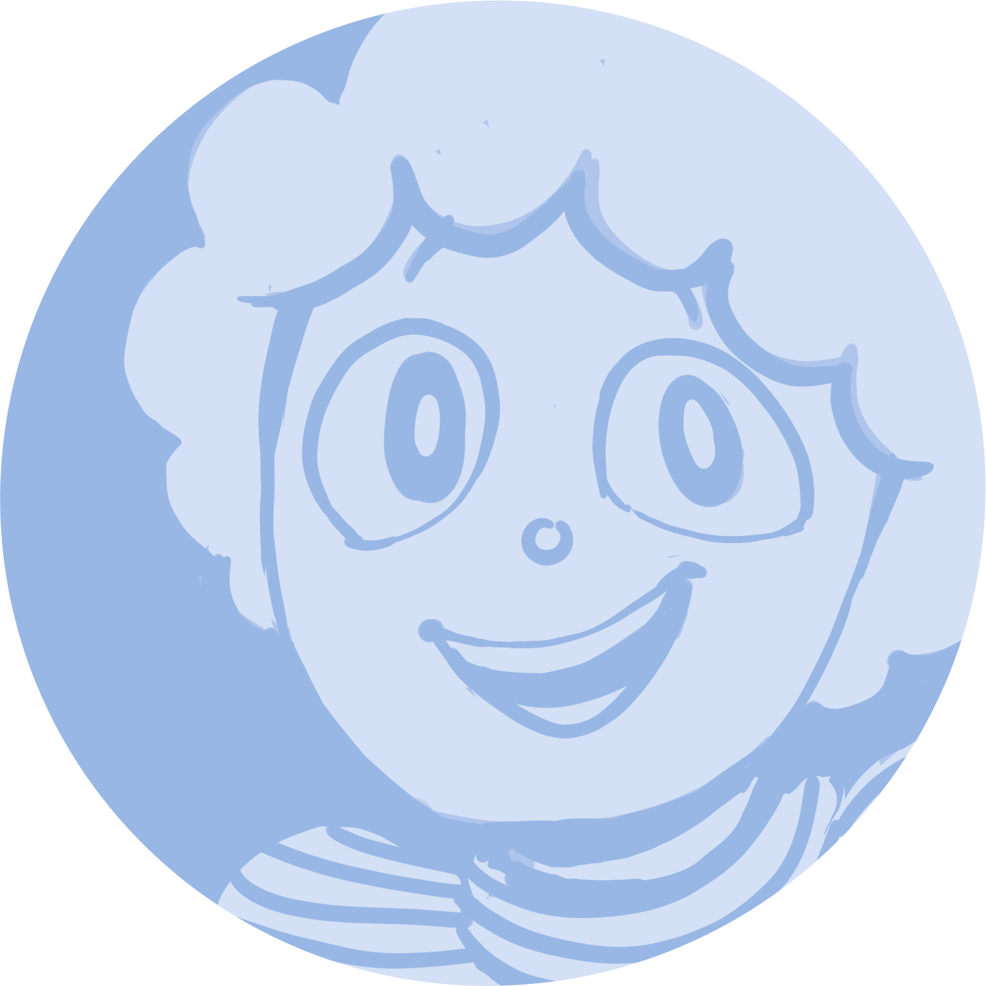 Image of Mr. Blue. He has poofy hair, a circle nose, and horizontal oval blue eyes.